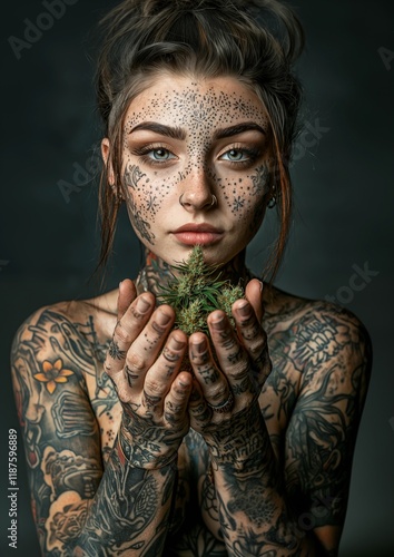 Tattooed woman holding a weed plant with a serene expression