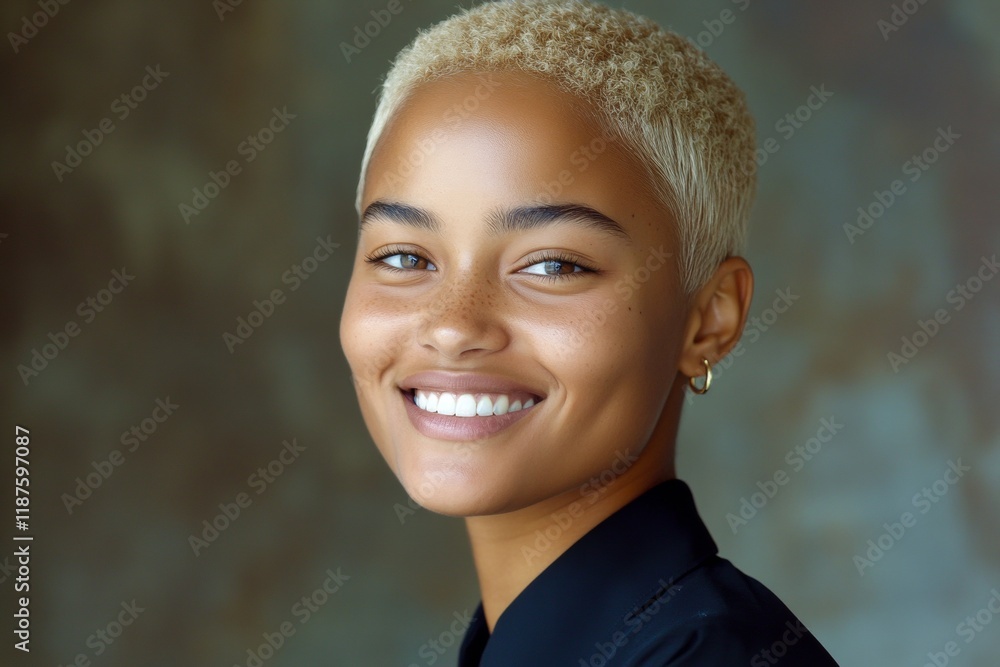 Attractive smiling mixed-race girl - for ads, advertisement ad and social apps use. Short hairdo - blond hair. Commercial ad visual idea art. Advertising african haircuts. Colored hair ads. Attractive smiling mixed-race girl - for ads, advertisement ad and social apps use. Short hairdo - blond hair. Commercial ad visual idea art. Advertising african haircuts. Colored hair ads.