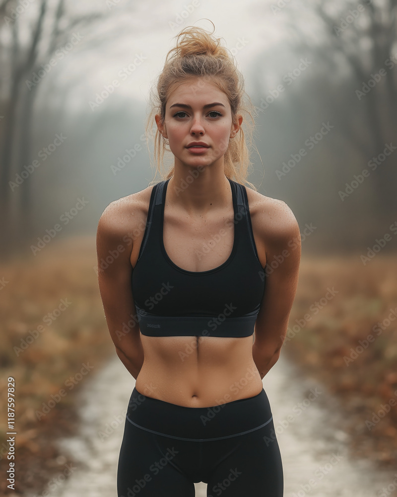 Fototapeta premium Determined Woman Catching Her Breath After Morning Run on Dewy Trail with Rising Sunlight