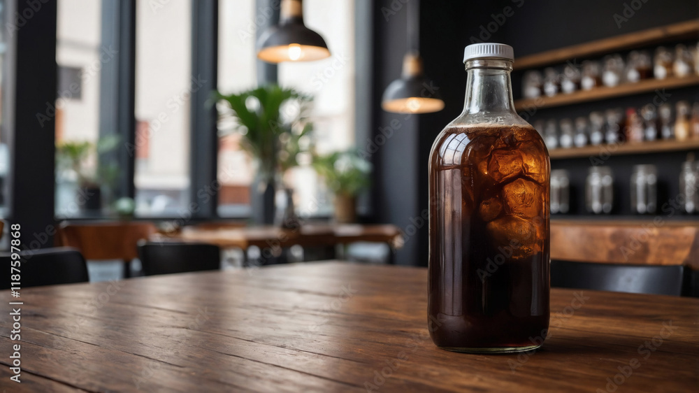 Refreshing iced beverage in a glass bottle on a wooden table in a cafe setting. Refreshing iced beverage in a glass bottle on a wooden table in a cafe setting.