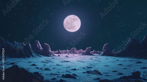 A lone moonrise over a vast cratered lunar terrain, rise, crater, barren. Moonbreeze. Illustration photo