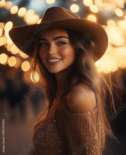 Cowgirl at Rodeo Festival Under Twinkling Lights photo