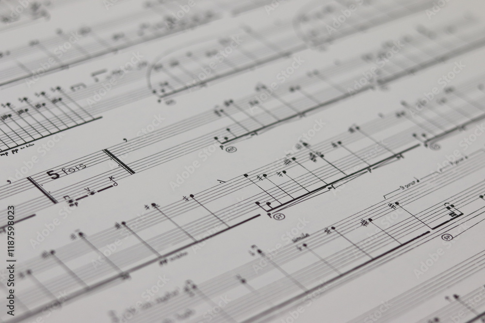 A white shett with a musical partition. Musical notes on a sheet of music paper. Music notes as background with a close-up view. A white shett with a musical partition. Musical notes on a sheet of music paper. Music notes as background with a close-up view.