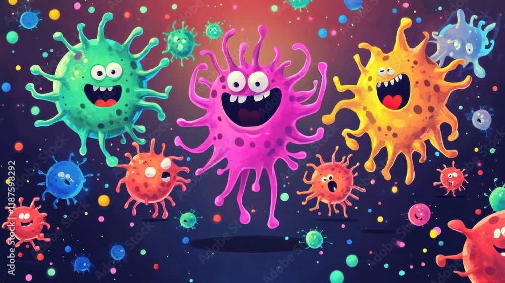 Playful cartoon viruses engaging in a lively battle against colorful antibodies in a vibrant microscopic world. Generative AI Playful cartoon viruses engaging in a lively battle against colorful antibodies in a vibrant microscopic world. Generative AI