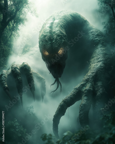 Distorted Giant Serpent with Human Face and Arms Slithering Through Forest photo