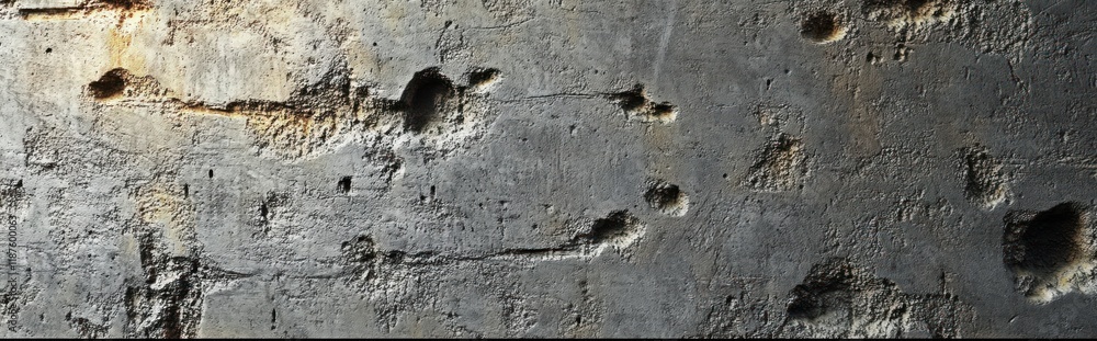 Obraz premium Rough Textured Concrete Wall Close-Up with Bullet Holes from World War II Bunker in Normandy