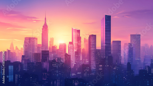 City skyline with tall modern buildings, vibrant lights, and a clear evening sky