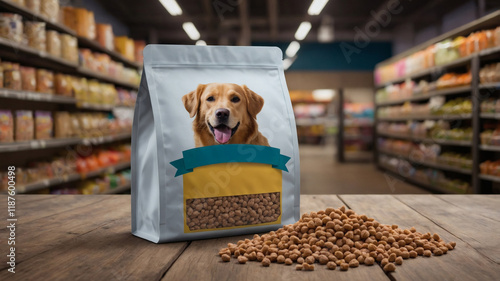 Dog food packaging mockup in supermarket setting. A bag of pet food with a golden retriever image sits on a wooden table.