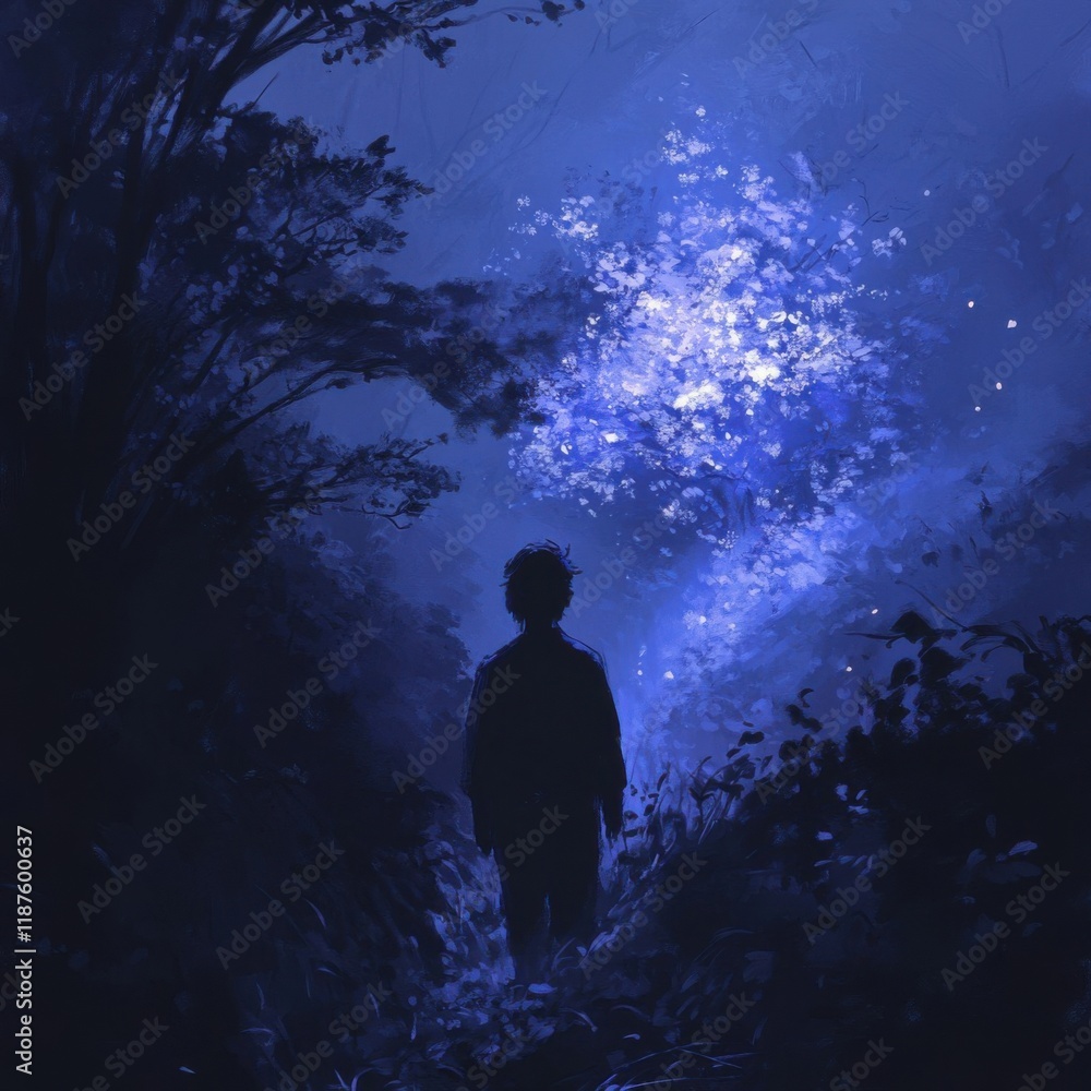 Obraz premium Serene Night Scene with Soft Light and Silhouetted Figure