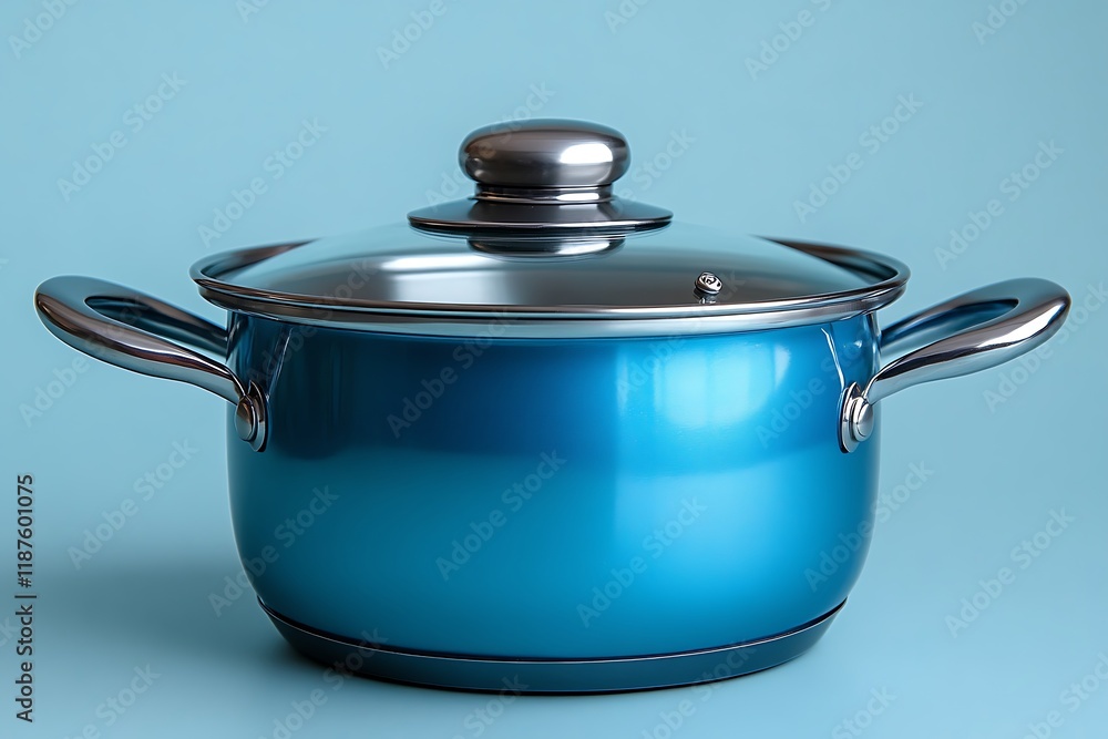 A shiny blue pot with a glass lid sits on a blue background A shiny blue pot with a glass lid sits on a blue background