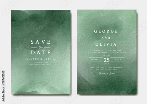 Green abstract watercolor wedding invitation template