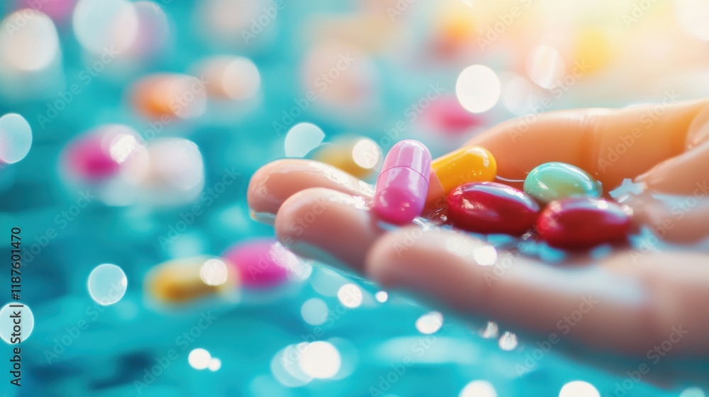 Hand holds a variety of colorful pills above water, emphasizing health choices and the importance of hydration in a vibrant environment Hand holds a variety of colorful pills above water, emphasizing health choices and the importance of hydration in a vibrant environment