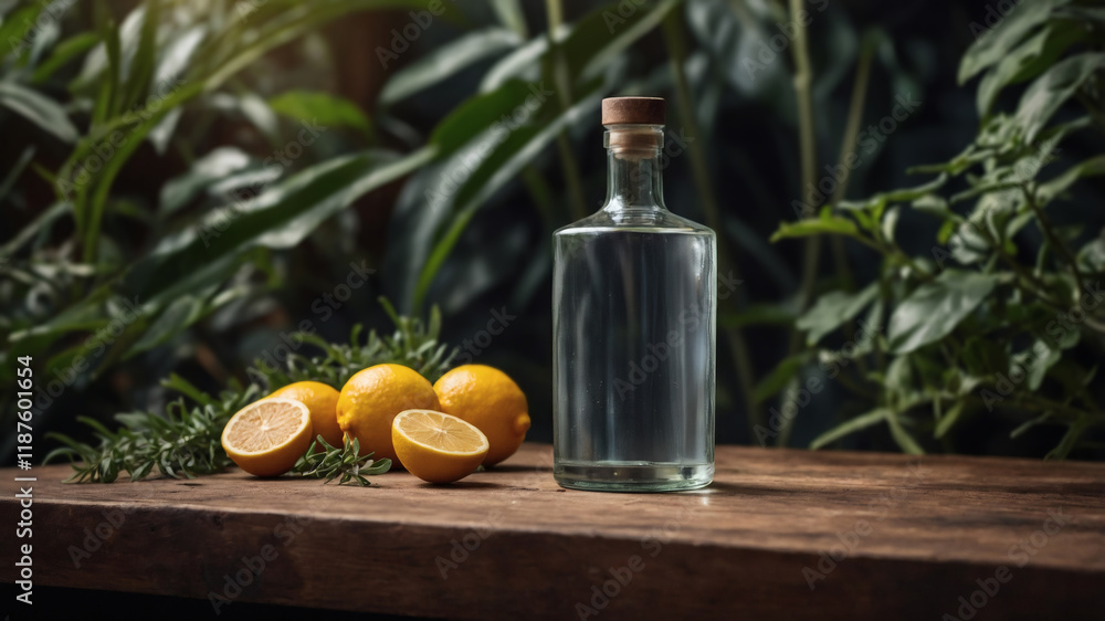 Refreshing drink bottle mockup with lemons and herbs. Perfect for summer beverage branding. Refreshing drink bottle mockup with lemons and herbs. Perfect for summer beverage branding.