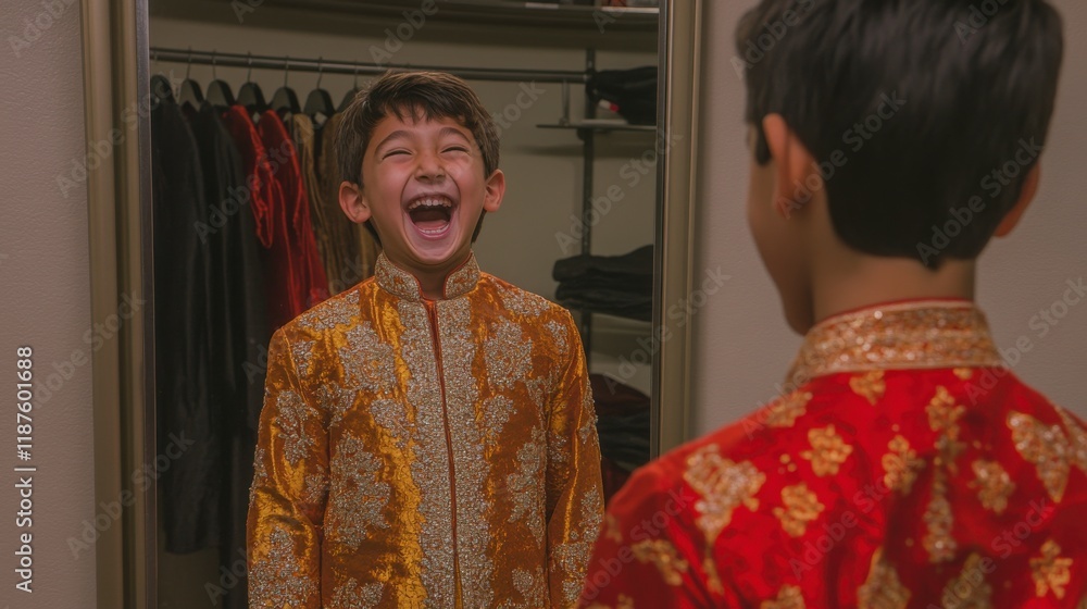 Joyful Boy in Traditional Attire Smiling in Mirror Reflection Joyful Boy in Traditional Attire Smiling in Mirror Reflection