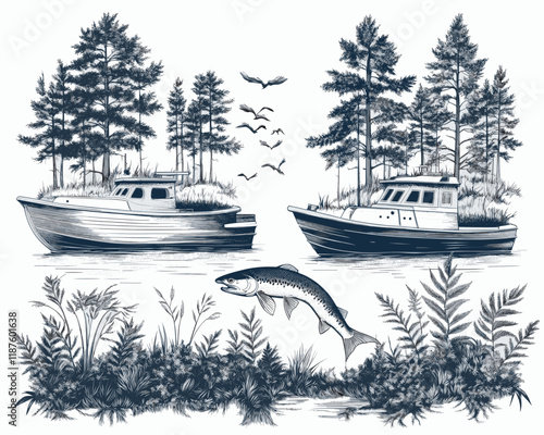 Scenic Vintage Nautical Illustration of Boats in Forested Lake with Jumping Fish and Birds, Perfect for Nature Lovers, Marine Art Enthusiasts, and Fishing Fans