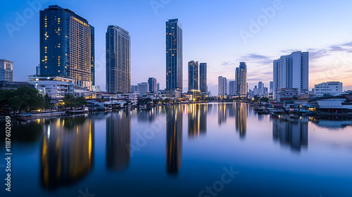 Modern city skyline reflected in calm water at dawn. photo