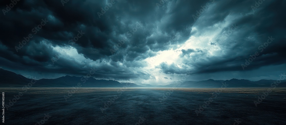 Obraz premium Stormy Plainscape Dark Clouds, Mountains