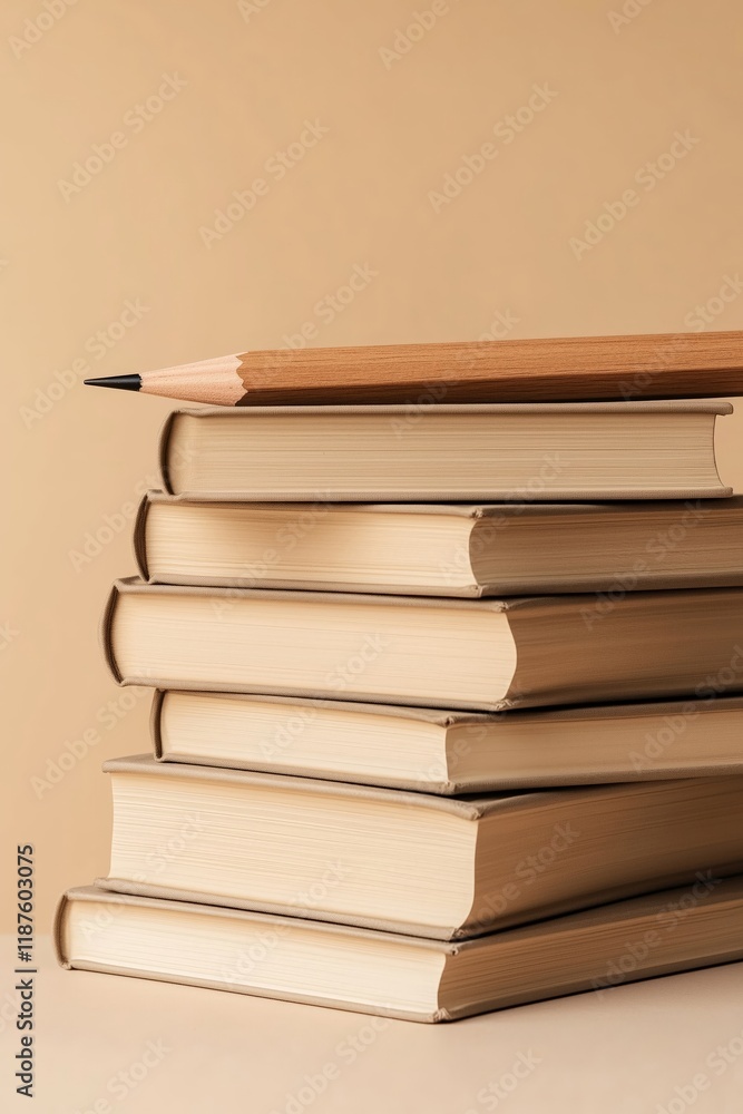 A stack of closed books in neutral beige tones with a wooden pencil placed on top, set against a soft beige background, creating a warm and scholarly aesthetic A stack of closed books in neutral beige tones with a wooden pencil placed on top, set against a soft beige background, creating a warm and scholarly aesthetic