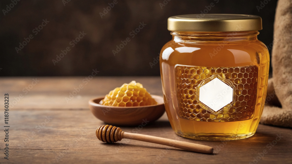 Golden honey in a jar, honeycomb, and honey dipper on a rustic wooden surface. Sweet and natural. Golden honey in a jar, honeycomb, and honey dipper on a rustic wooden surface. Sweet and natural.