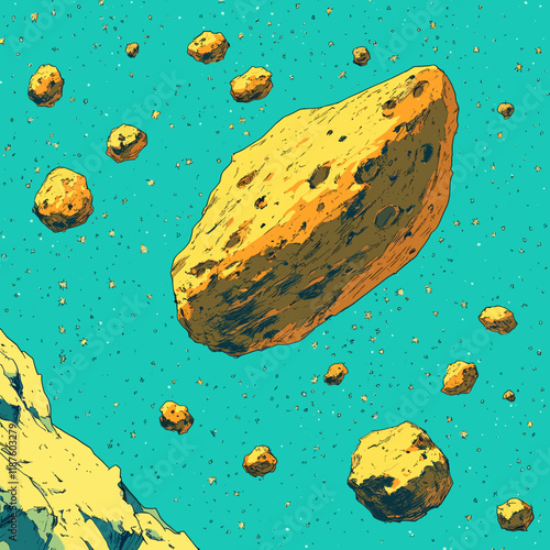Stunning Illustration of Asteroids in Space - Explore a Vibrant Cartoon-Style Depiction of Cosmic Rock Formation Floating in a Turquoise Universe Background