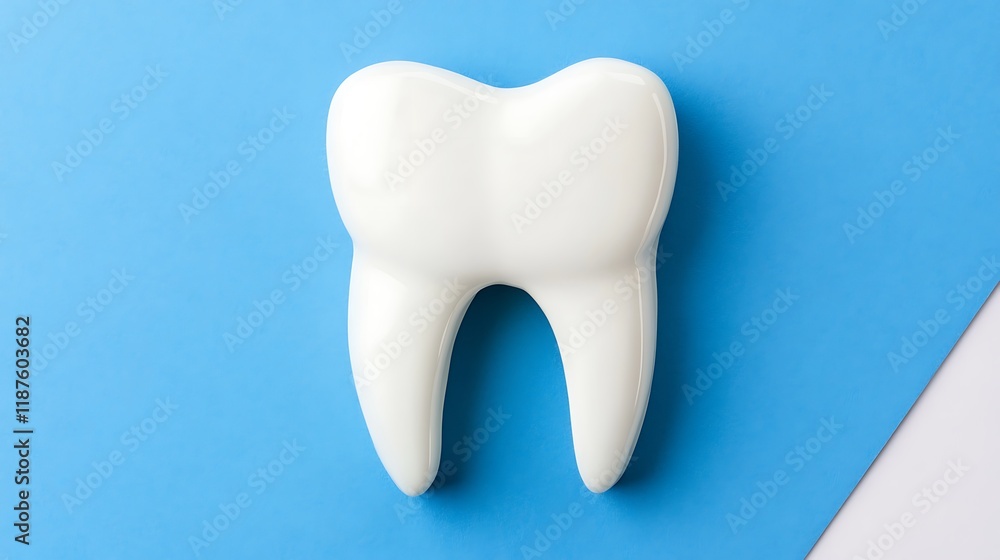 Fototapeta premium A single white tooth model on a blue background