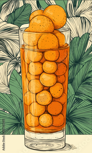 Refreshing Tropical Citrus Beverage with Vibrant Oranges in Glass Amidst Lush Leafy Green Background - Perfect Summer Drink Inspiration