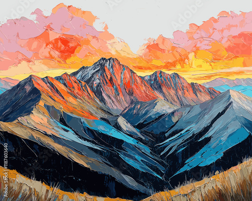 Stunning Abstract Mountain Landscape with Vibrant Sunset Colors, Majestic Peaks, and Textured Brush Strokes Capturing Nature's Beauty in Vivid Harmony