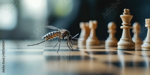 An unusual close-up of a mosquito perched on a chessboard amidst game pieces, blending nature and strategy, ideal for capturing contrast and thought-provoking themes. photo