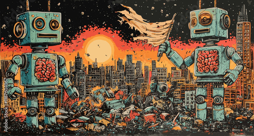 Futuristic Robots in Post-Apocalyptic Urban Landscape at Sunset | Illustration of Robotic Revolution and Urban Ruins | Retro Futurism Art with Cityscape