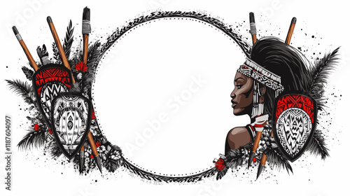 Traditional African Warrior Art with Tribal Shields Spears and Floral Decorations Featuring Portrait of Woman in Headdress Displaying Rich Cultural Heritage