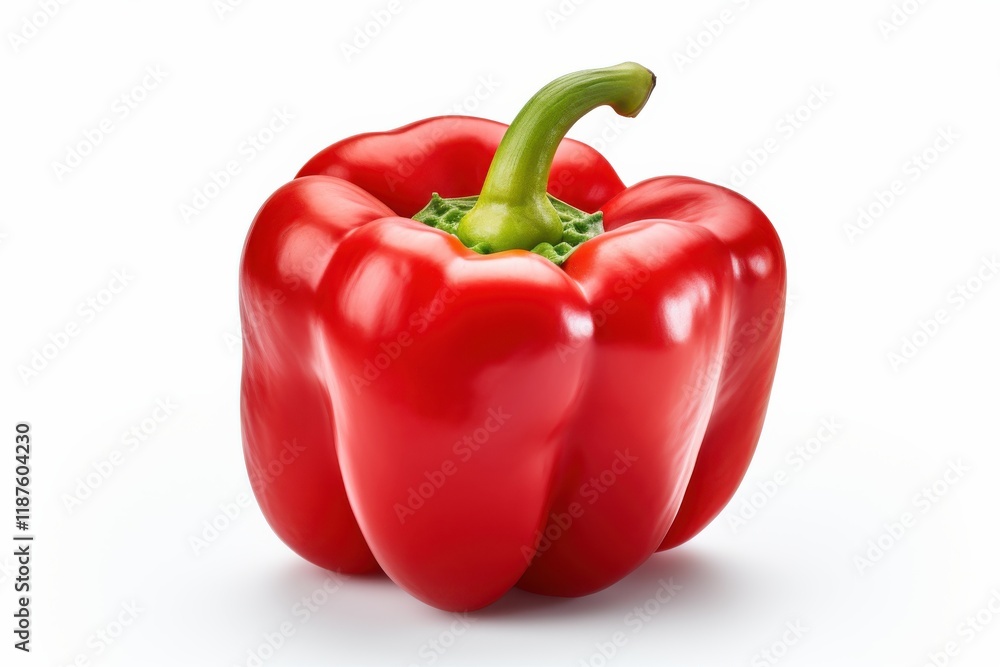 Bright red bell pepper showcasing its glossy skin and unique shape against a white background in a kitchen setting Bright red bell pepper showcasing its glossy skin and unique shape against a white background in a kitchen setting