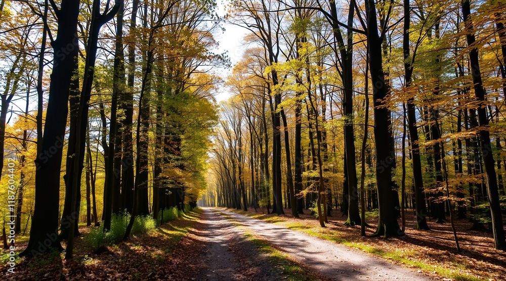 a beautiful landscape of a forest during autumn. The trees on either side of the path are tall and slender, with their trunks reaching up towards the sky. The leaves on the trees are a mix of green, a beautiful landscape of a forest during autumn. The trees on either side of the path are tall and slender, with their trunks reaching up towards the sky. The leaves on the trees are a mix of green,