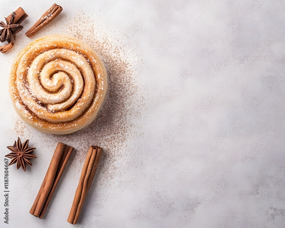 Cinnamon Roll with Cinnamon Sticks and Star Anise on Textured Surface Cinnamon Roll with Cinnamon Sticks and Star Anise on Textured Surface