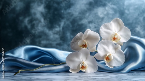 Elegant white orchids on blue silk fabric. (2)