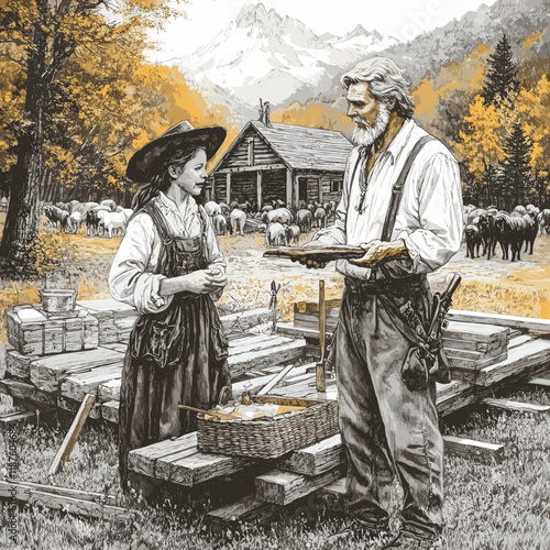 Rustic Mountain Life Scene: Pioneers with Timber, Autumn Trees, and Cattle in Front of Cabin with Majestic Mountain View - Historical Frontier Lifestyle