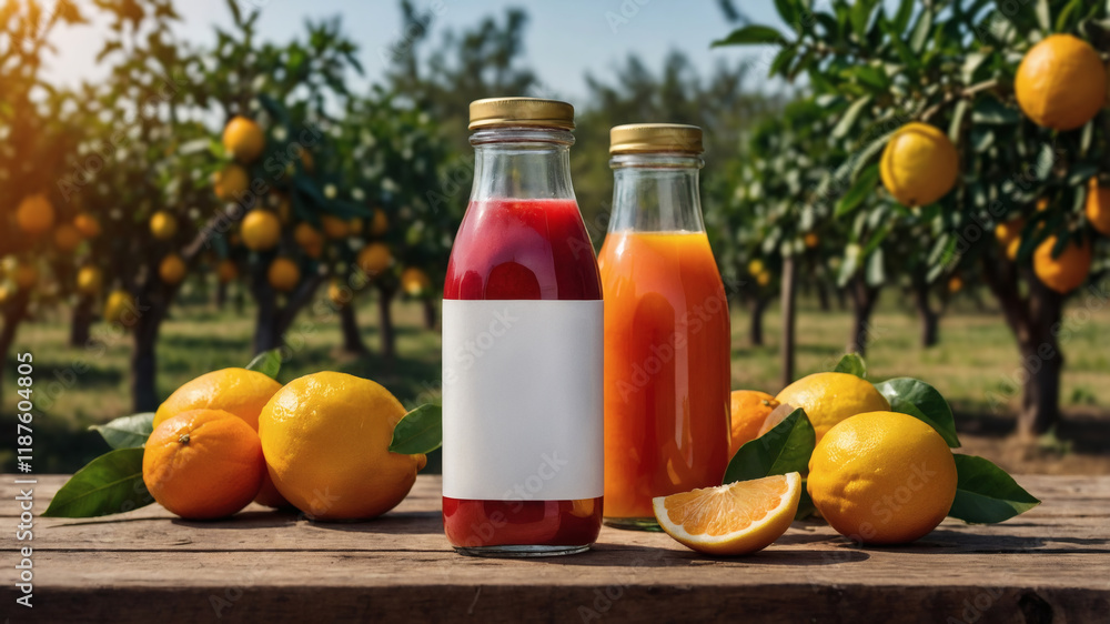 Two bottles of fresh juice in an orange grove. Perfect for healthy beverage branding! Two bottles of fresh juice in an orange grove. Perfect for healthy beverage branding!