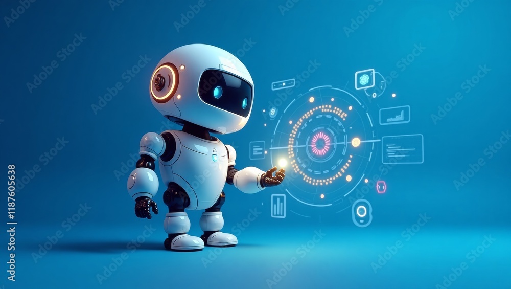 A cute futuristic robot interacting with a glowing digital data interface on a vibrant blue background. The robot has a sleek design with friendly features, surrounded by interactive data panels and g A cute futuristic robot interacting with a glowing digital data interface on a vibrant blue background. The robot has a sleek design with friendly features, surrounded by interactive data panels and g