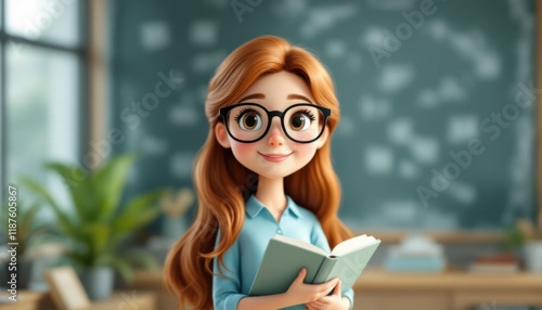 Smiling cartoon girl in glasses holding a book in a classroom.