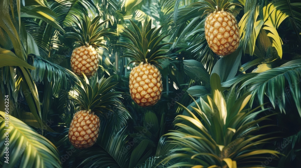 Lush tropical paradise with pineapples nestled among vibrant palm trees and rich foliage during a sunny day. Generative AI Lush tropical paradise with pineapples nestled among vibrant palm trees and rich foliage during a sunny day. Generative AI
