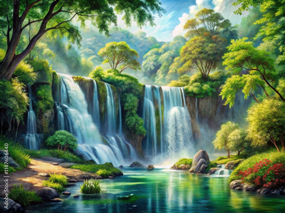 Obraz premium Majestic Waterfall Watercolor Painting, Lush Forest Landscape, Green Nature, Wall Art, Background, Wallpaper, High-Resolution Image