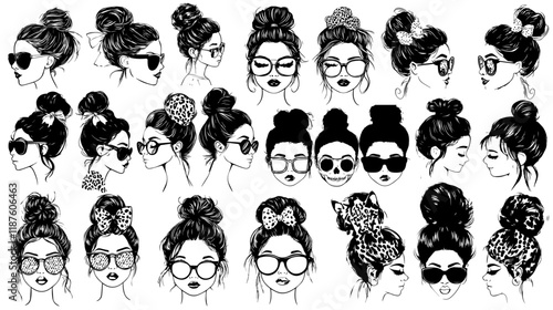 Messy bun hairstyle great set collection clip art silhouette, momlife black messy bun hair vector illustration on white background V12.