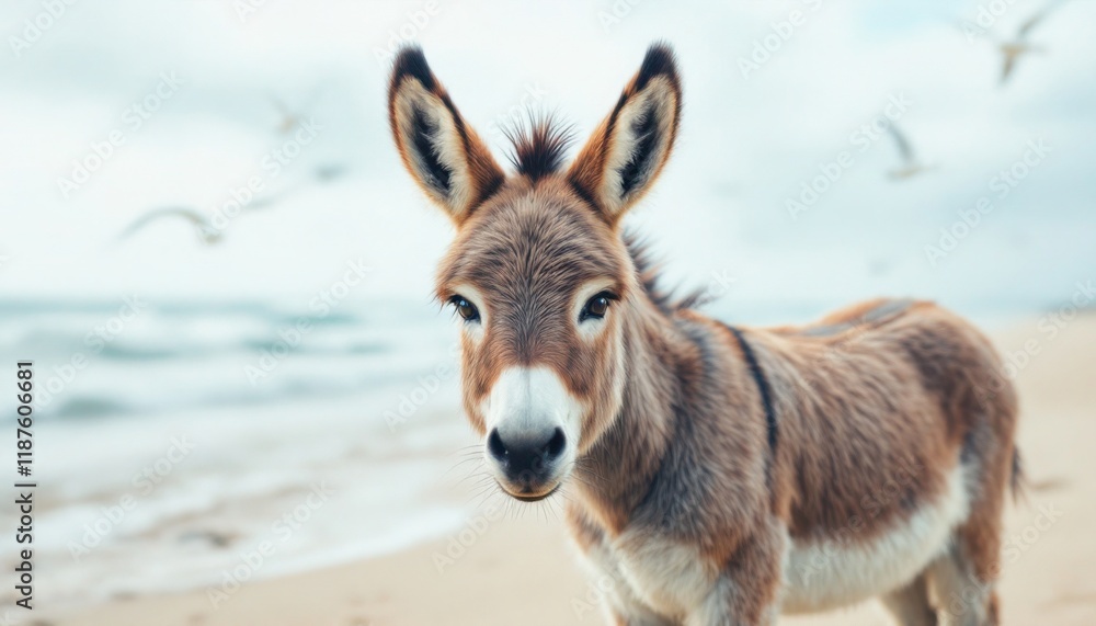 Adorable Donkey on a Beach, Looking Directly at the Camera Adorable Donkey on a Beach, Looking Directly at the Camera