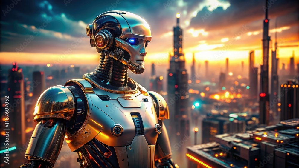 Fototapeta premium Futuristic Robot Tilt-Shift Photography, Space for Text, AI Art