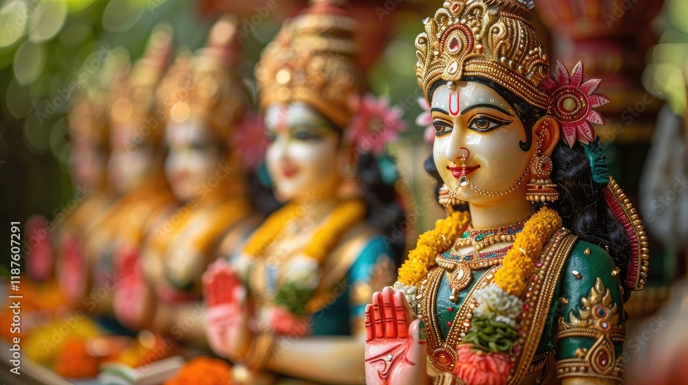 Ornate Hindu Goddess Statues in a Row Ornate Hindu Goddess Statues in a Row