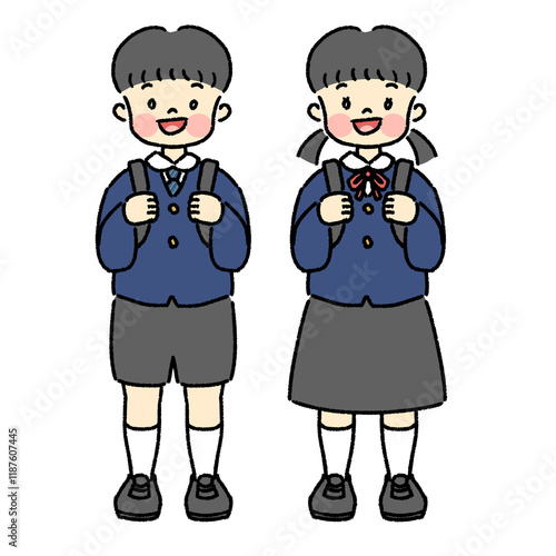 学生服を着た子どもの全身イラスト　男女セット