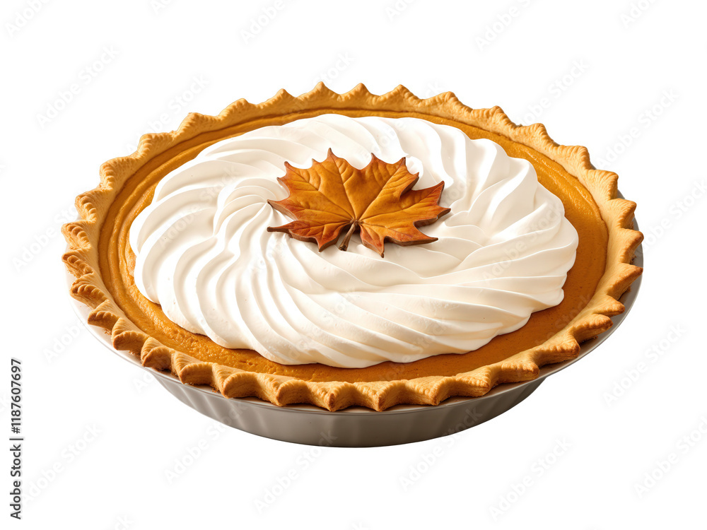 Pumpkin Pie, whipped cream spiral, floating spices, autumn leaves scatter, warm lighting, product photography, transparent background Pumpkin Pie, whipped cream spiral, floating spices, autumn leaves scatter, warm lighting, product photography, transparent background