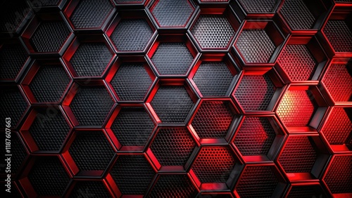 Geometric Hexagonal Grid Night Photography, Red & Black Shapes