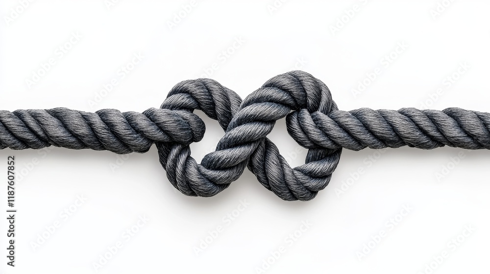 Obraz premium Robust gray rope knot on white background highlighting strength and security