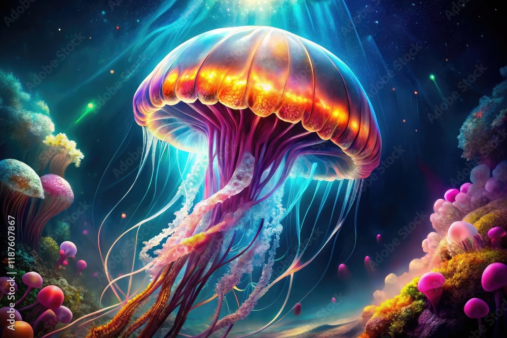 Obraz premium Giant Jellyfish Double Exposure in Dark Deep Sea, Surreal Aquatic Photography, Stunning Underwater Scene
