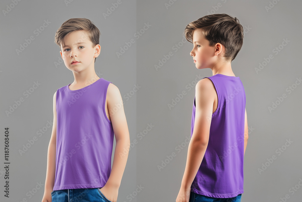 boy wearing a purple sleeveless t-shirt tank top mockup front and back used as a design template boy wearing a purple sleeveless t-shirt tank top mockup front and back used as a design template